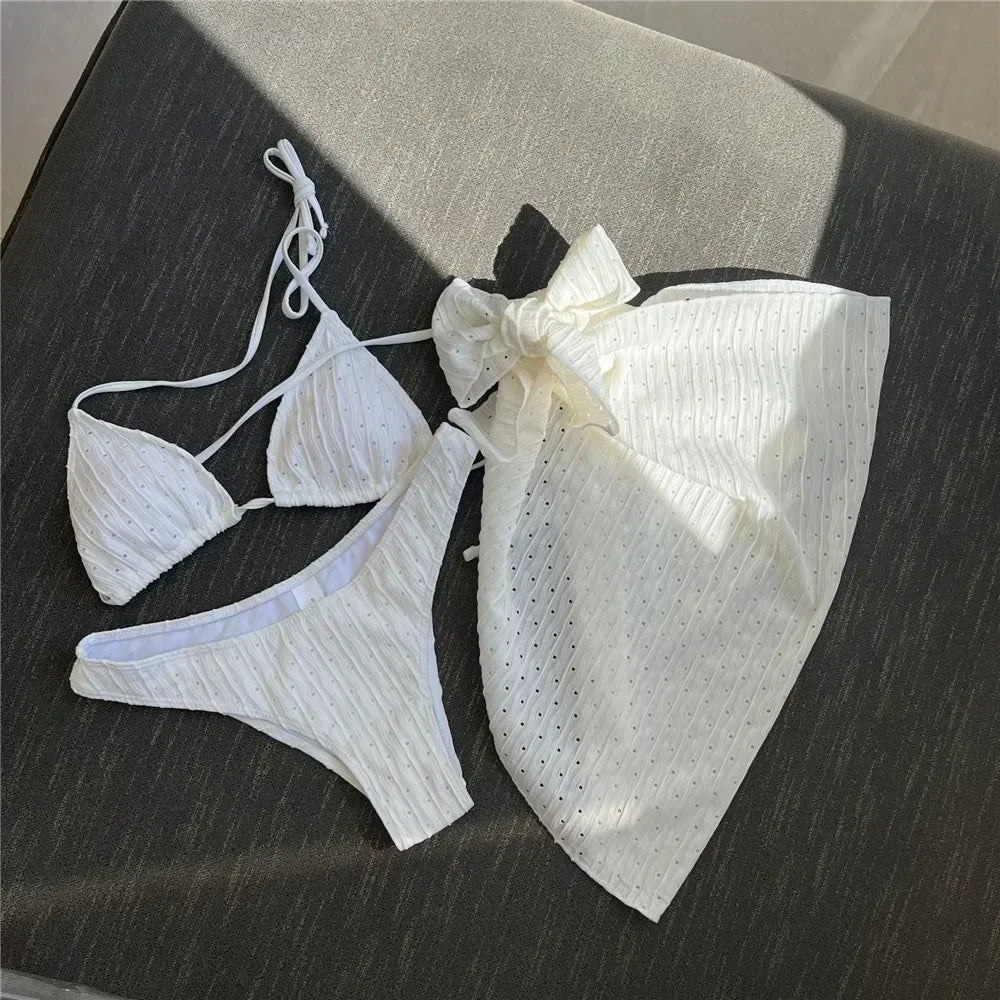 White Swimwear with Cover Up Halter Micro Thong 3 Piece Bikini Set