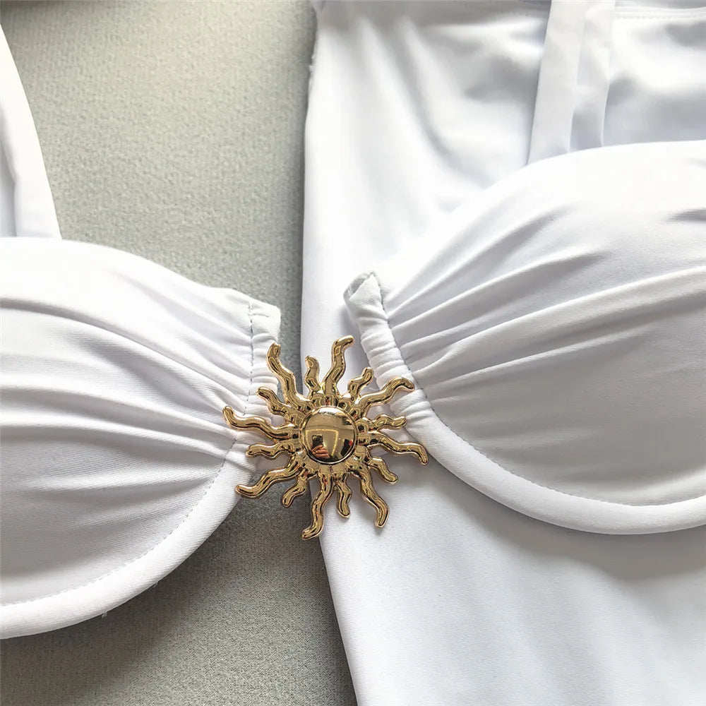 White Thong Micro Bikini Push Up Swimsuit Cover Ups Long Skirts Beach Wear Swimwear Sun Metal Buckle Bikinis Sets