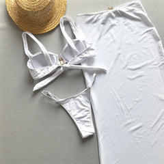 White Thong Micro Bikini Push Up Swimsuit Cover Ups Long Skirts Beach Wear Swimwear Sun Metal Buckle Bikinis Sets