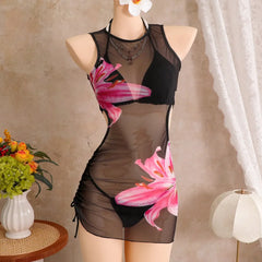 With Cover Up Flower Printed Halter Bikini Swimwear Female Swimsuit Three-pieces Bikini Set