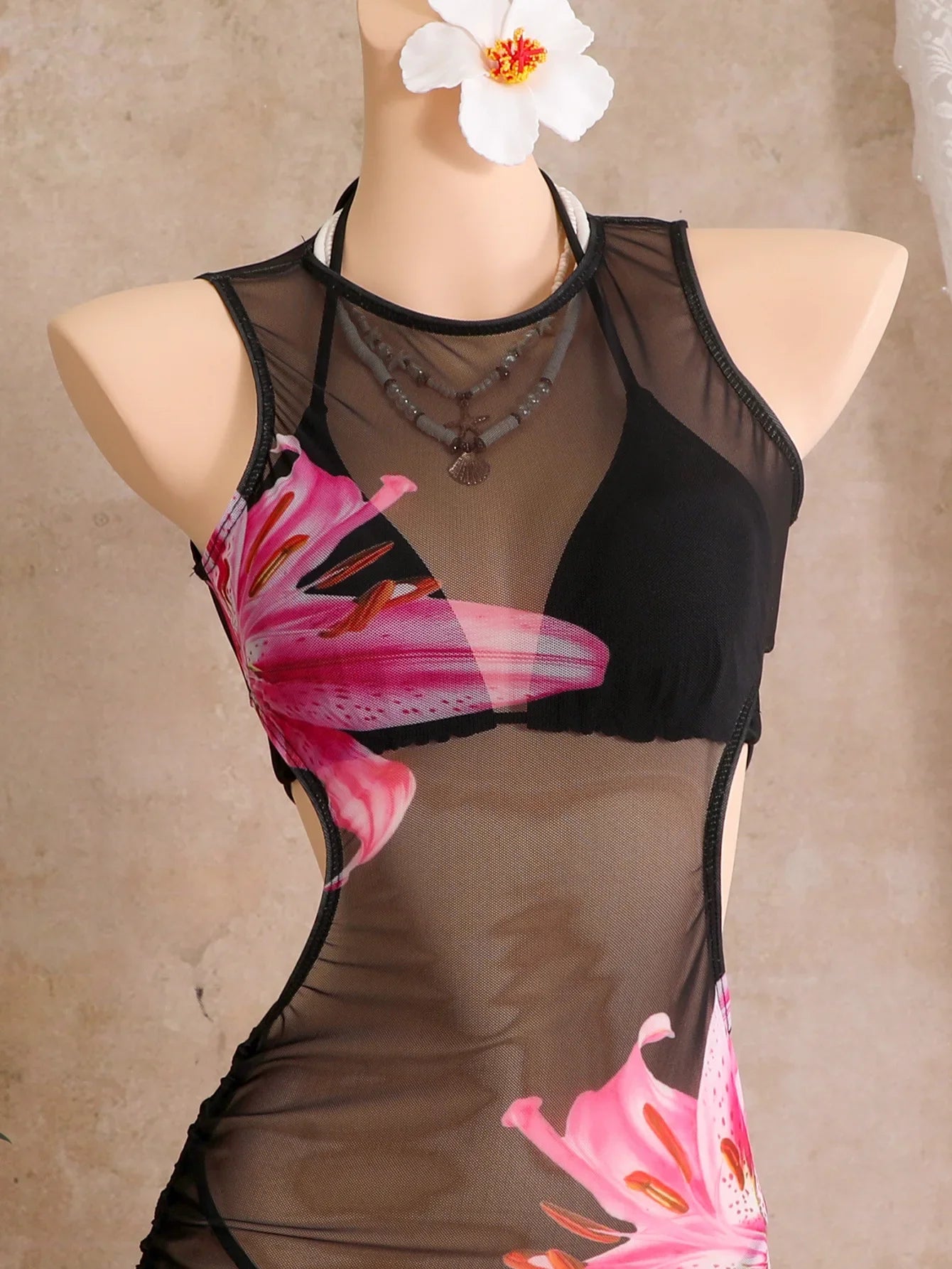 With Cover Up Flower Printed Halter Bikini Swimwear Female Swimsuit Three-pieces Bikini Set