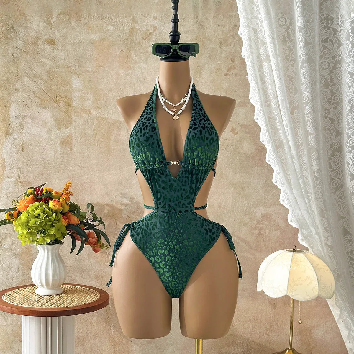 3 Color Leopard Print One Piece Swimsuit Halter Deep V Neck Cutout Waist Tie Side Monokini Beach Bathing Suit