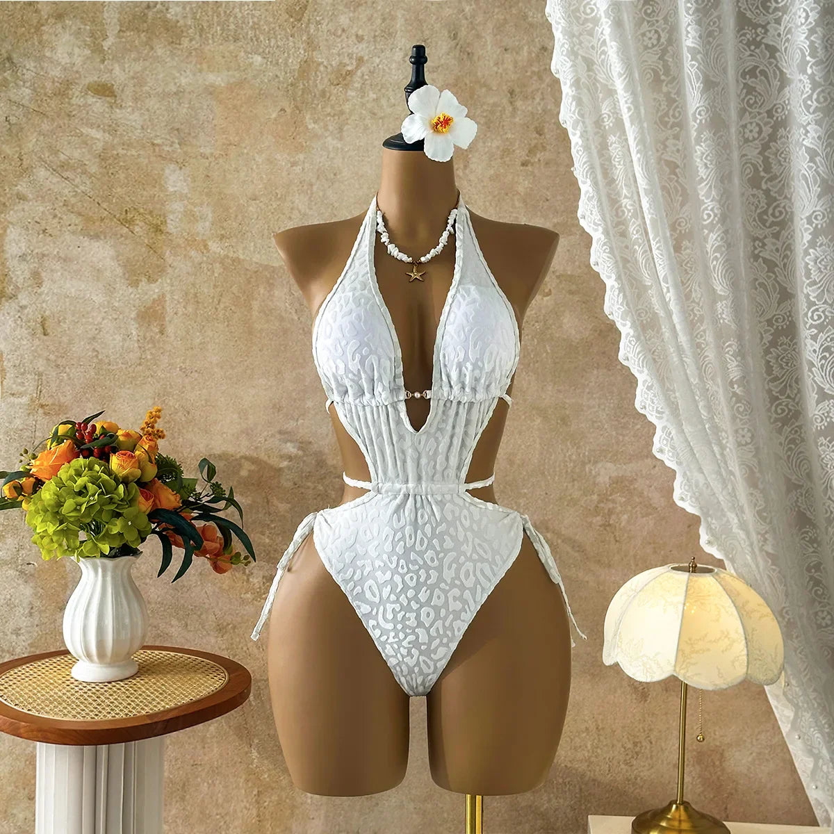 3 Color Leopard Print One Piece Swimsuit Halter Deep V Neck Cutout Waist Tie Side Monokini Beach Bathing Suit