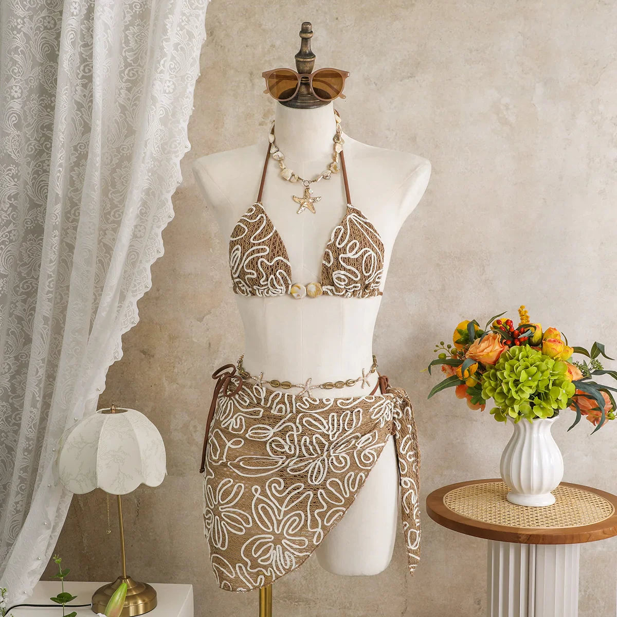 3 Piece Floral Embroidered Bikini Set