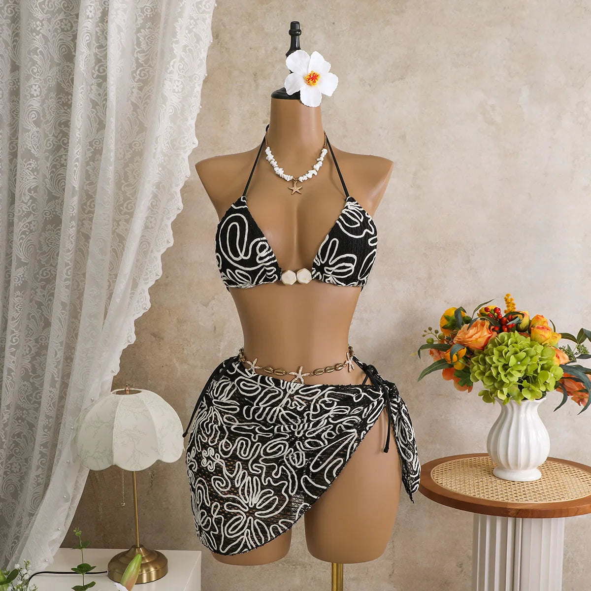 3 Piece Floral Embroidered Bikini Set