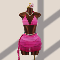 3 Piece Gradient Pink Bikini Set