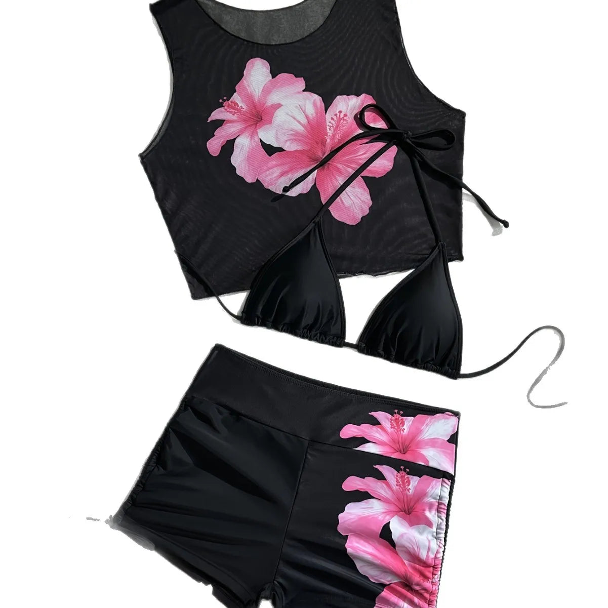 3 Piece Hibiscus Print Bikini Set