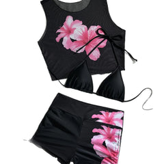 3 Piece Hibiscus Print Bikini Set