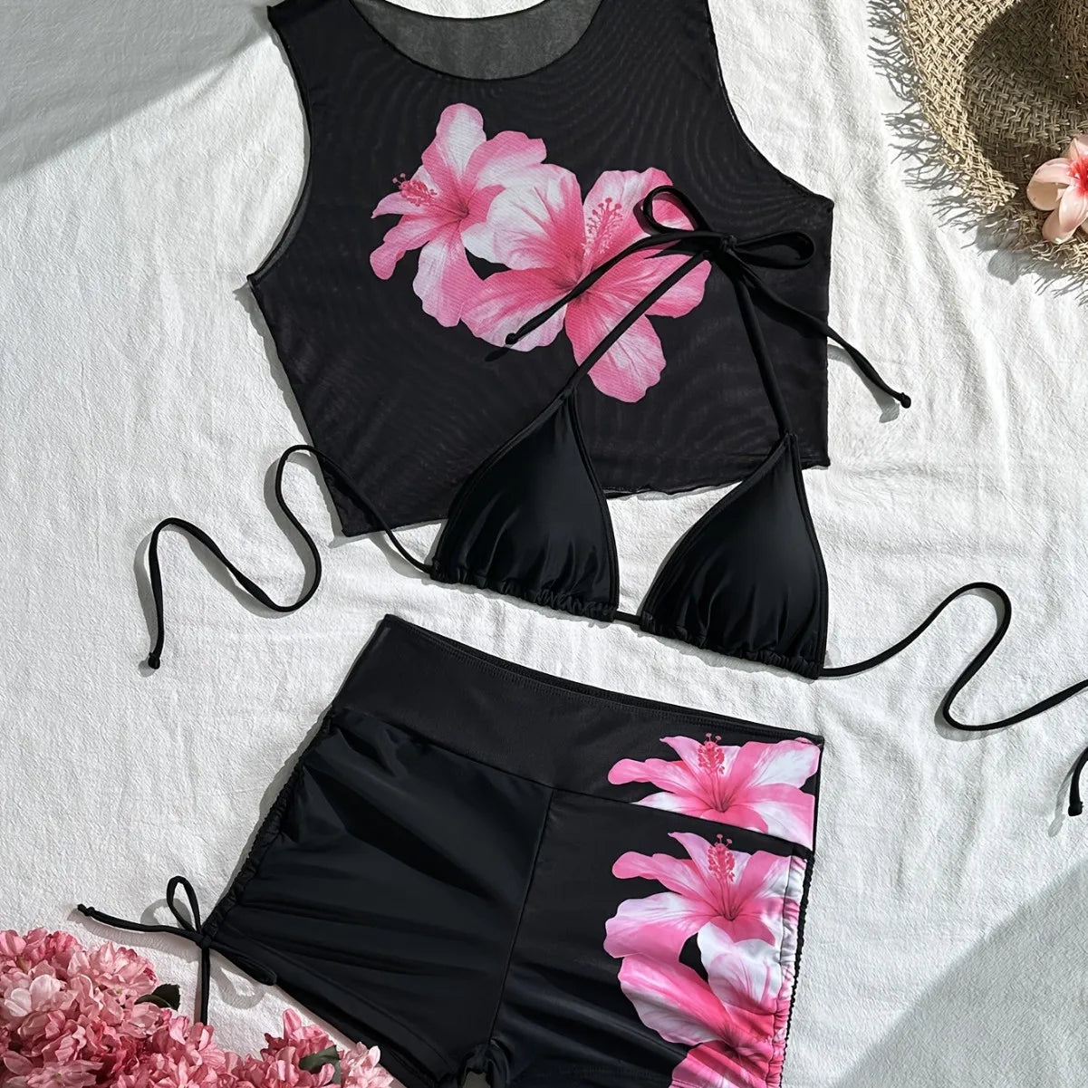 3 Piece Hibiscus Print Bikini Set