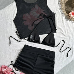 3 Piece Hibiscus Print Bikini Set