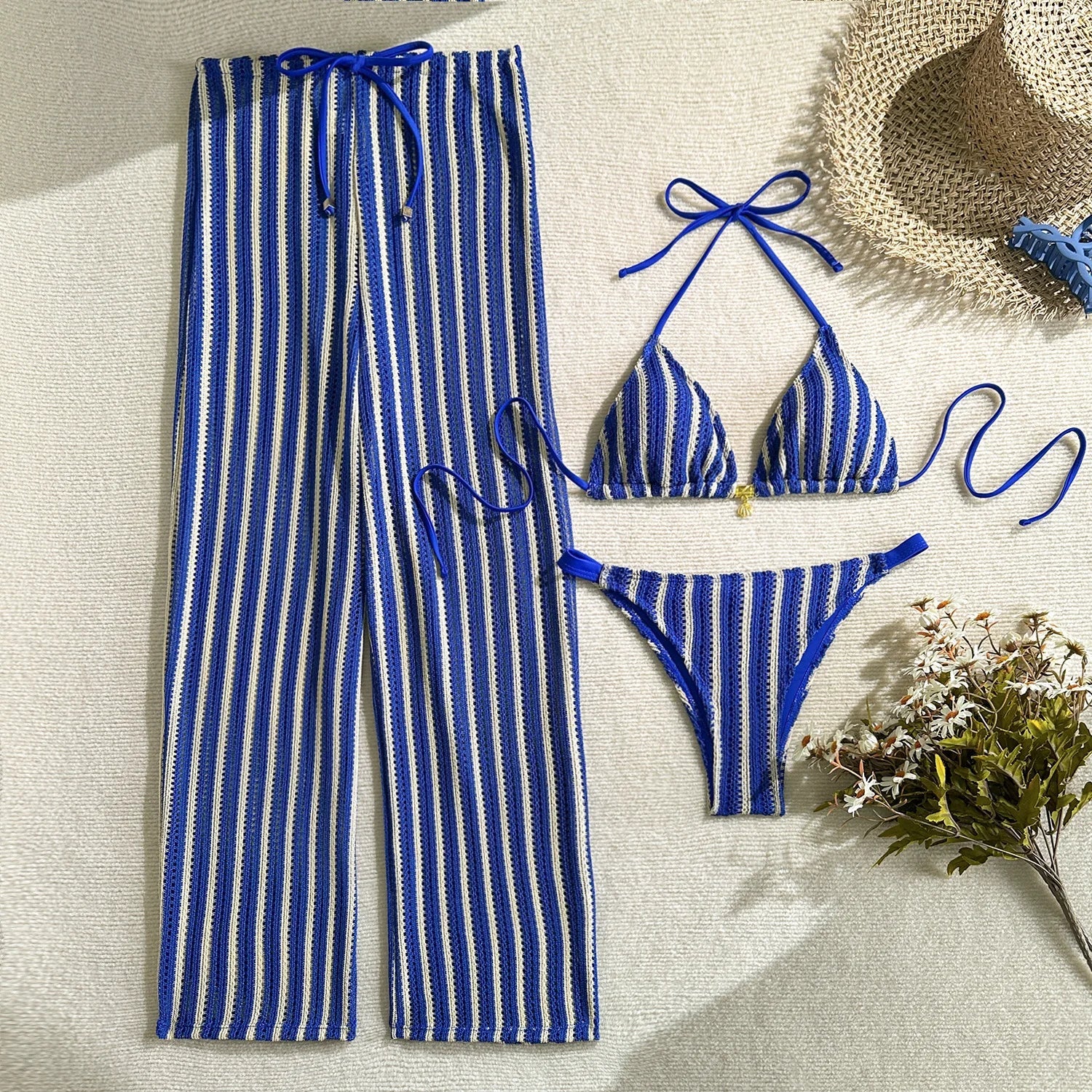 3 Pieces Striped Crochet Knit Halter Triangle Bikini Set