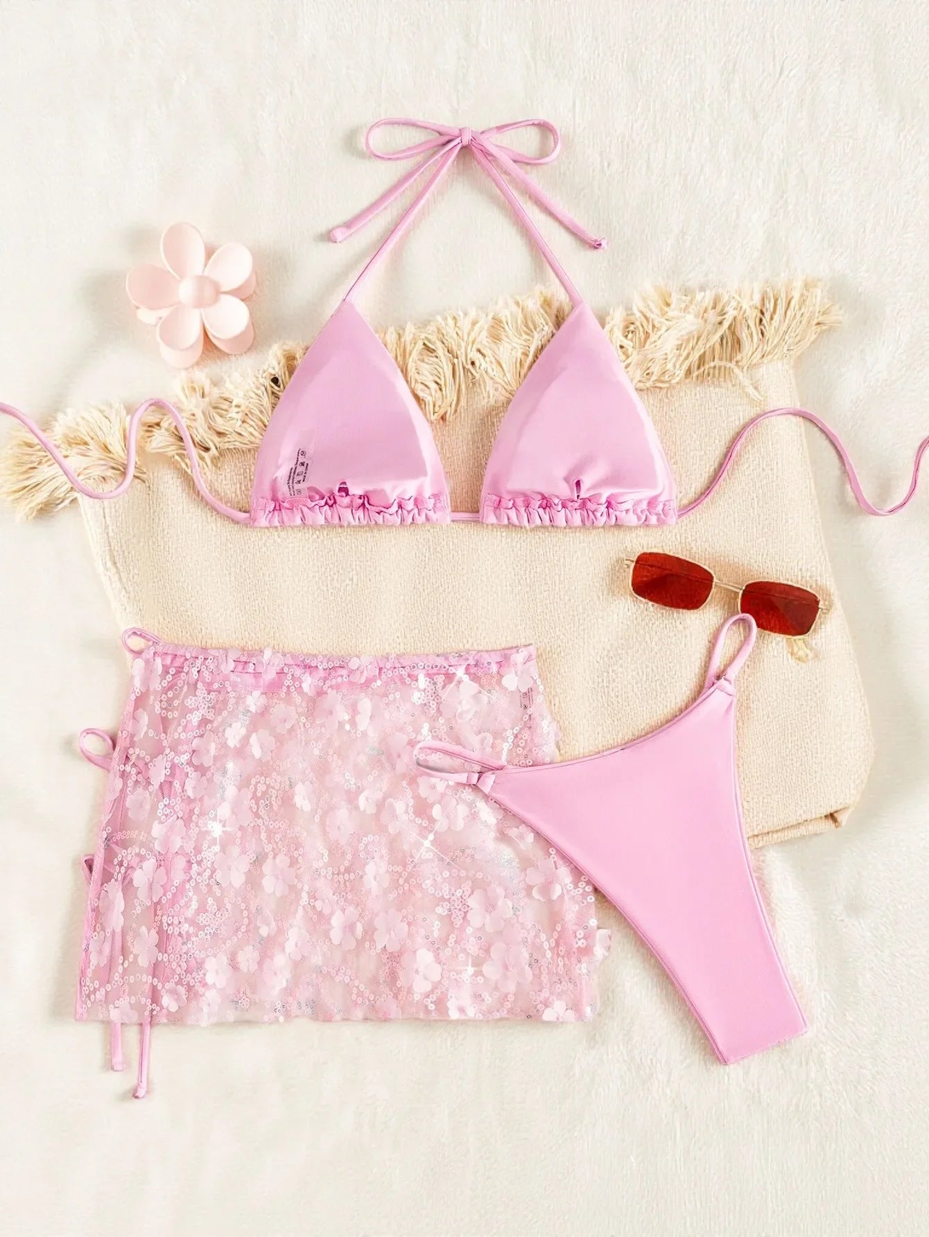 3D Floral Sequin Mesh 3 Piece Bikini Set