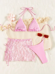 3D Floral Sequin Mesh 3 Piece Bikini Set