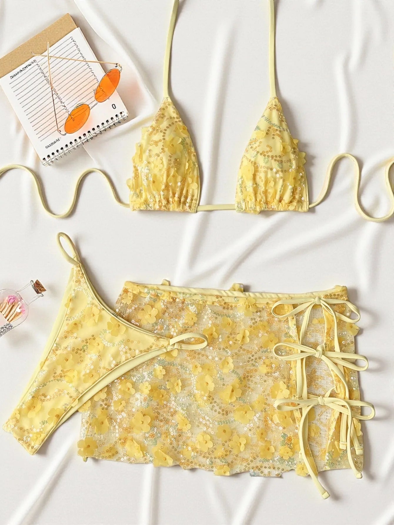 3D Floral Sequin Mesh 3 Piece Bikini Set