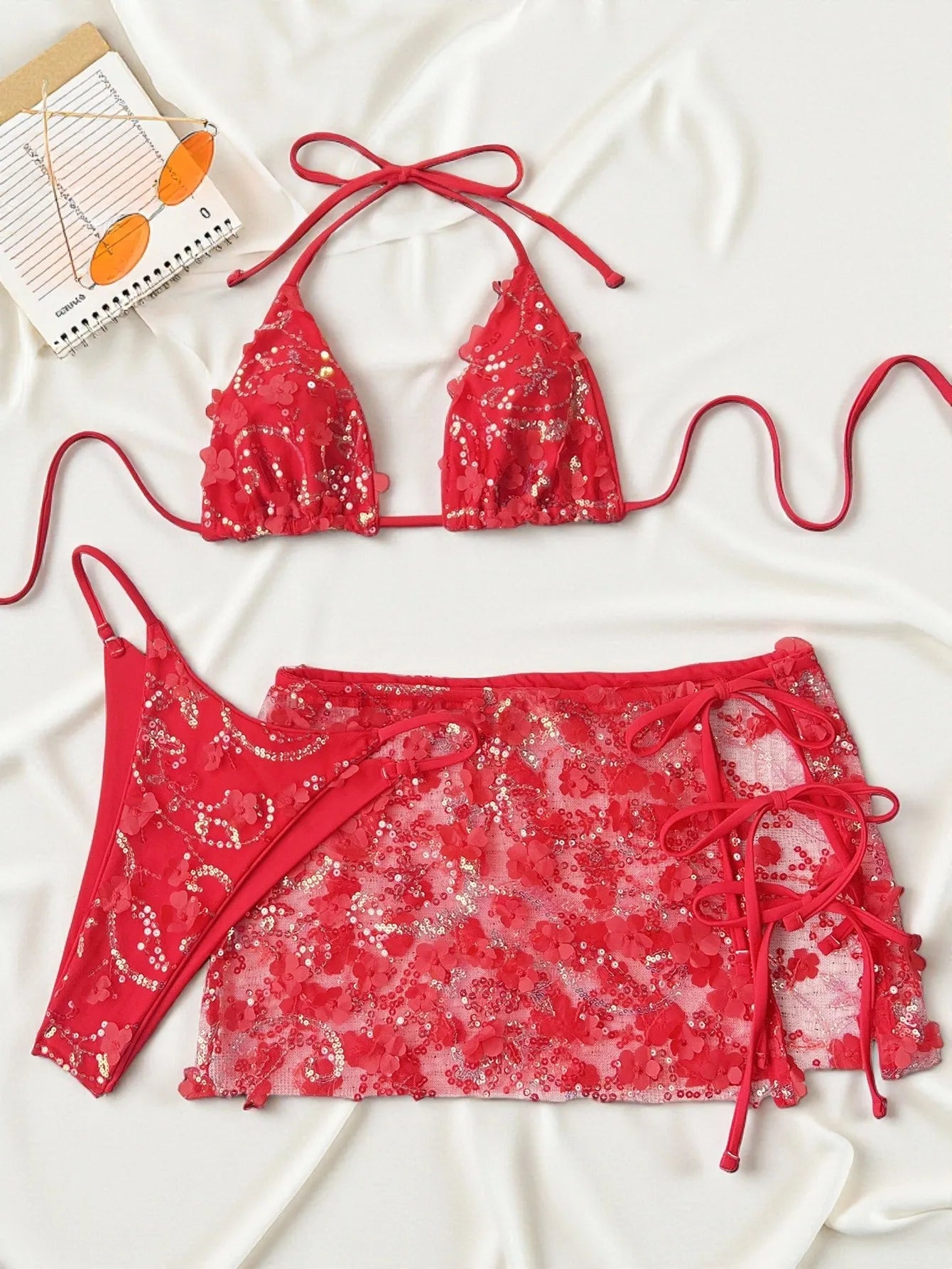 3D Floral Sequin Mesh 3 Piece Bikini Set