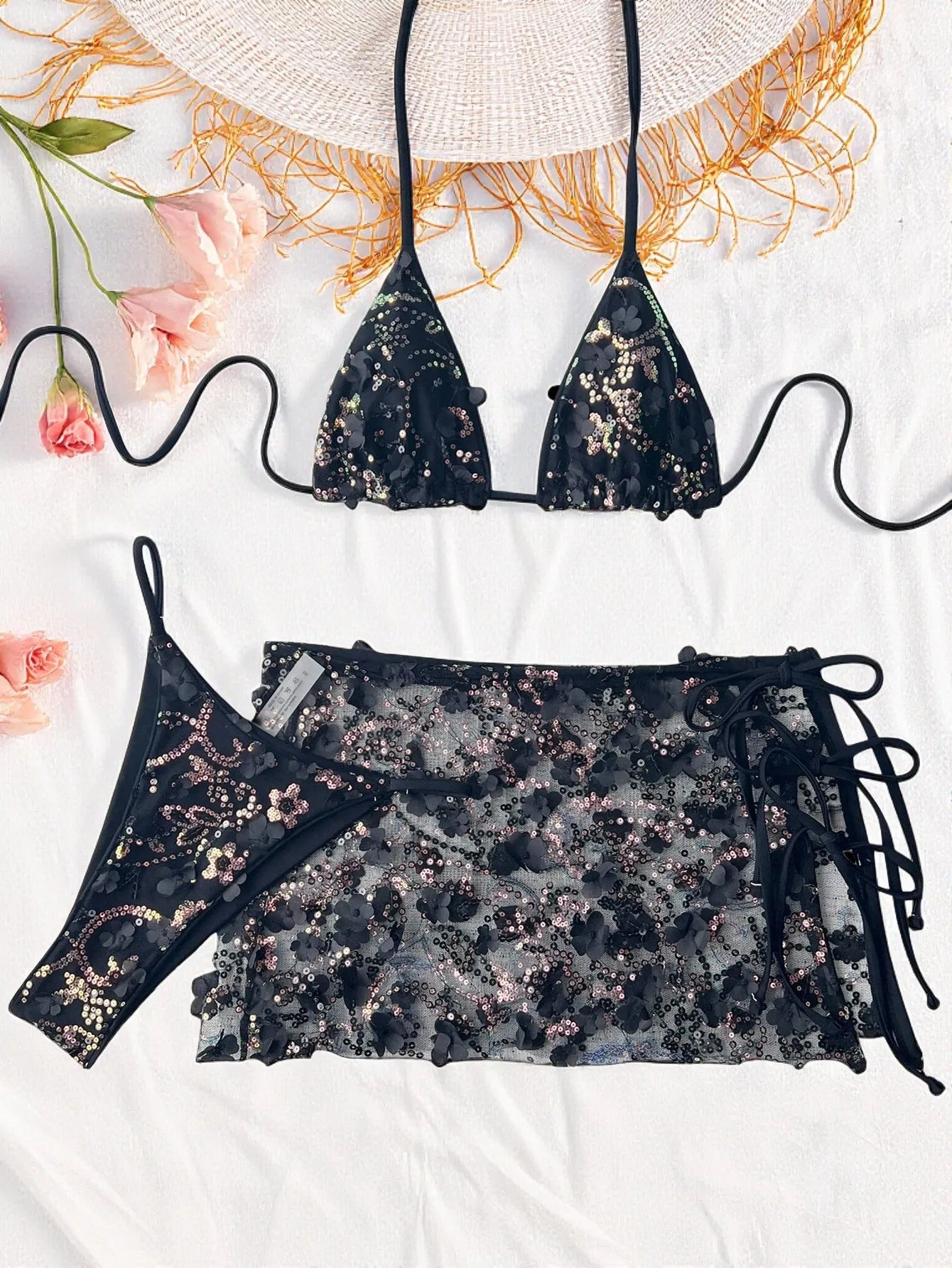 3D Floral Sequin Mesh 3 Piece Bikini Set