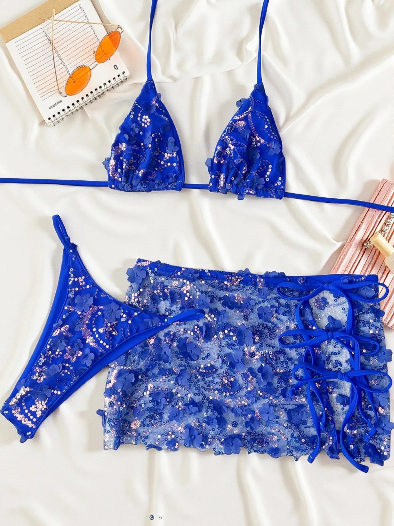 3D Floral Sequin Mesh 3 Piece Bikini Set