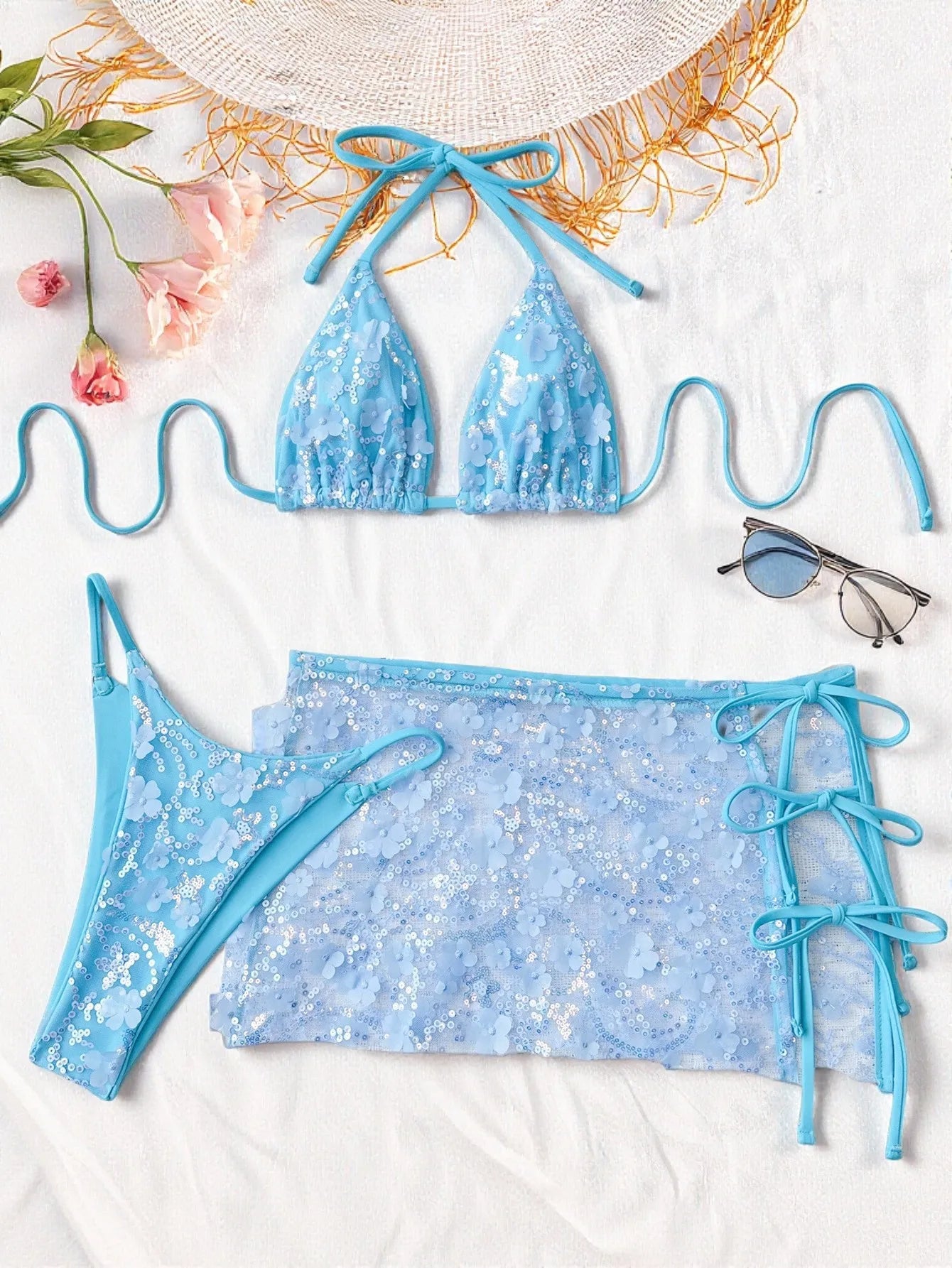 3D Floral Sequin Mesh 3 Piece Bikini Set