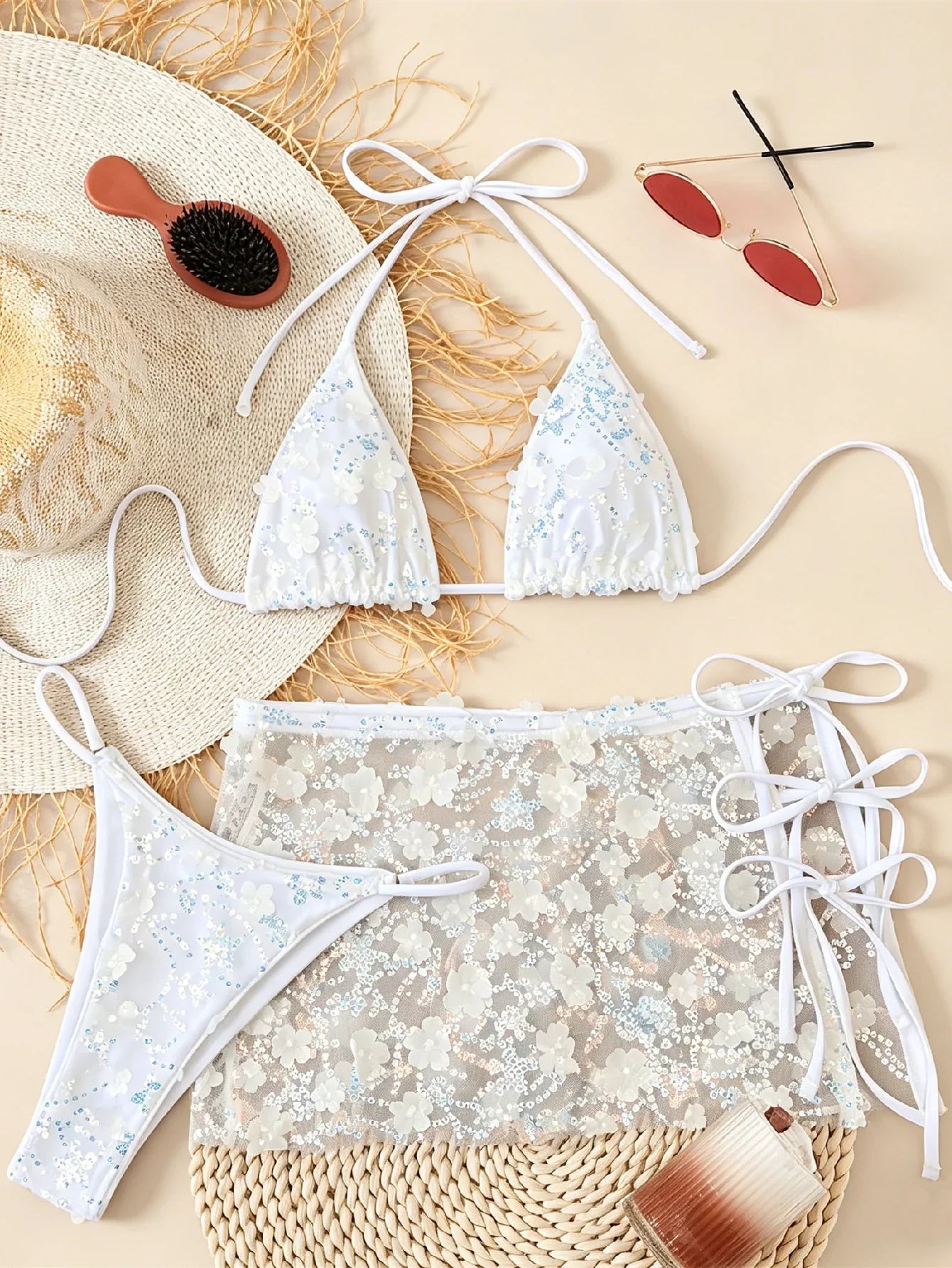3D Floral Sequin Mesh 3 Piece Bikini Set