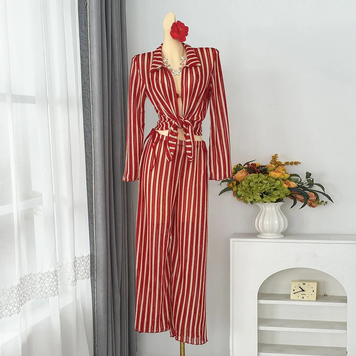 4 Pieces Bikinis Striped Mesh Cover Up Set