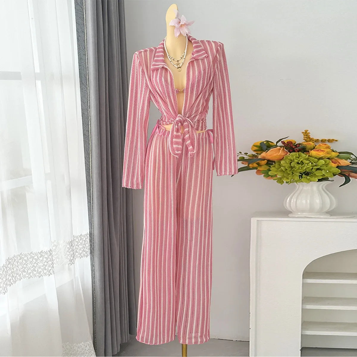 4 Pieces Bikinis Striped Mesh Cover Up Set
