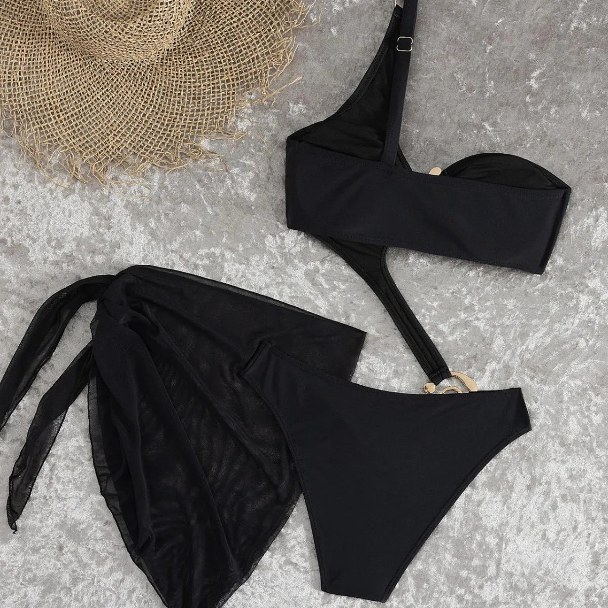 Asymmetrical One Shoulder 2 Piece Swimsuit G Metal Ring Cutout One Piece Bikini + Mesh Wrap Sarong Cover Up Beach Swimwear