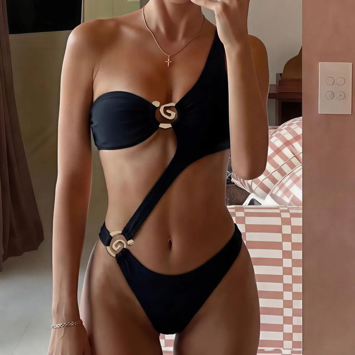 Asymmetrical One Shoulder 2 Piece Swimsuit G Metal Ring Cutout One Piece Bikini + Mesh Wrap Sarong Cover Up Beach Swimwear