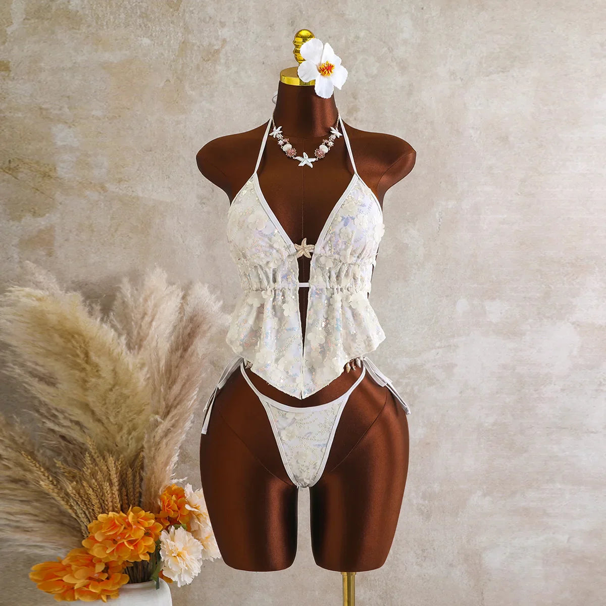 Backless Bikinis Sequin 3D Flower Halter Tankini Set