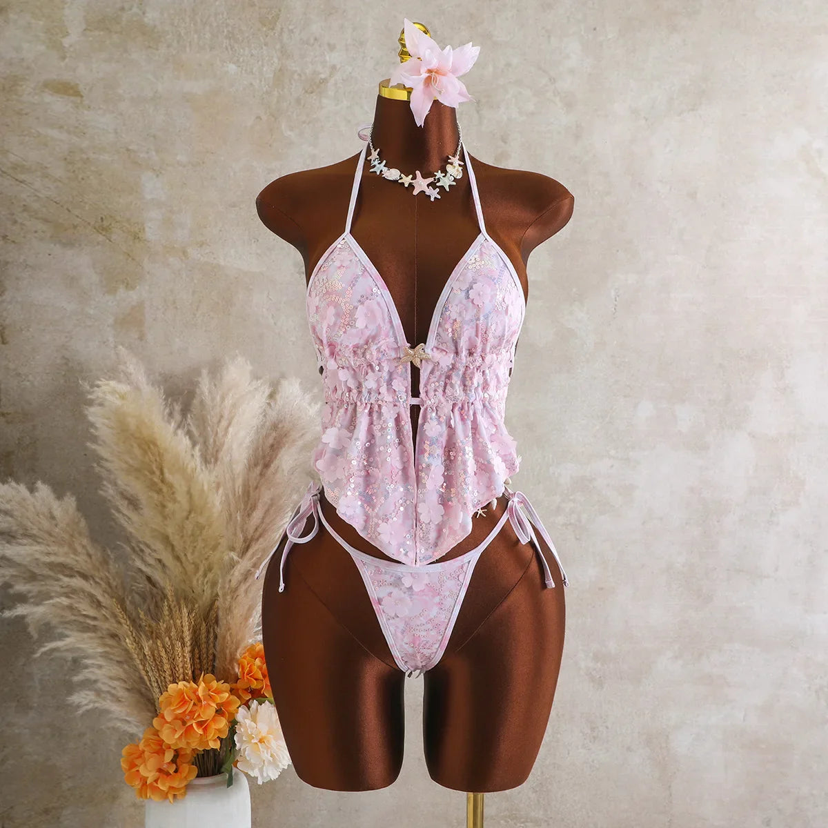 Backless Bikinis Sequin 3D Flower Halter Tankini Set