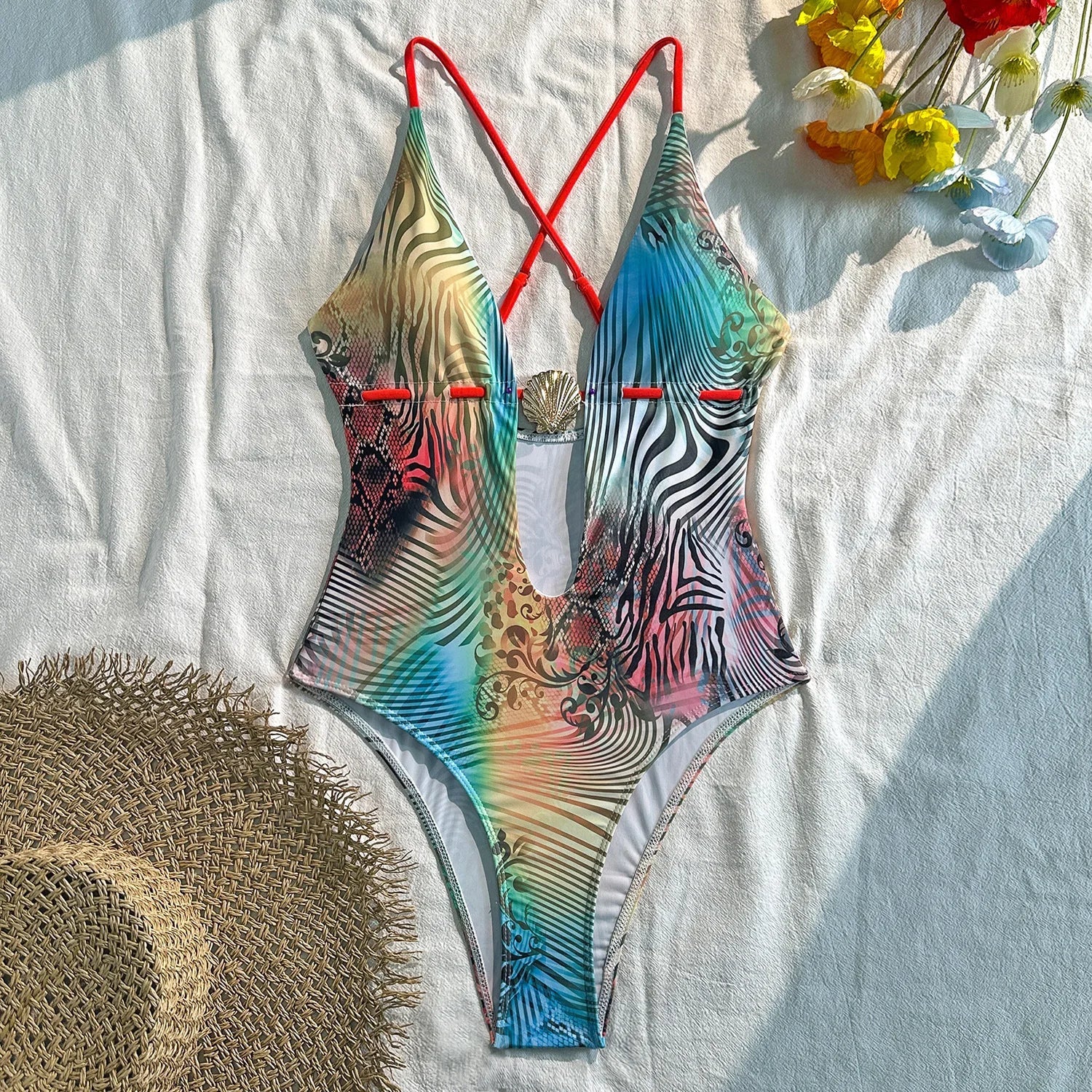 Backless Multicolor Gradient Zebra Print Halter One Piece Swimsuit with Shell Detail