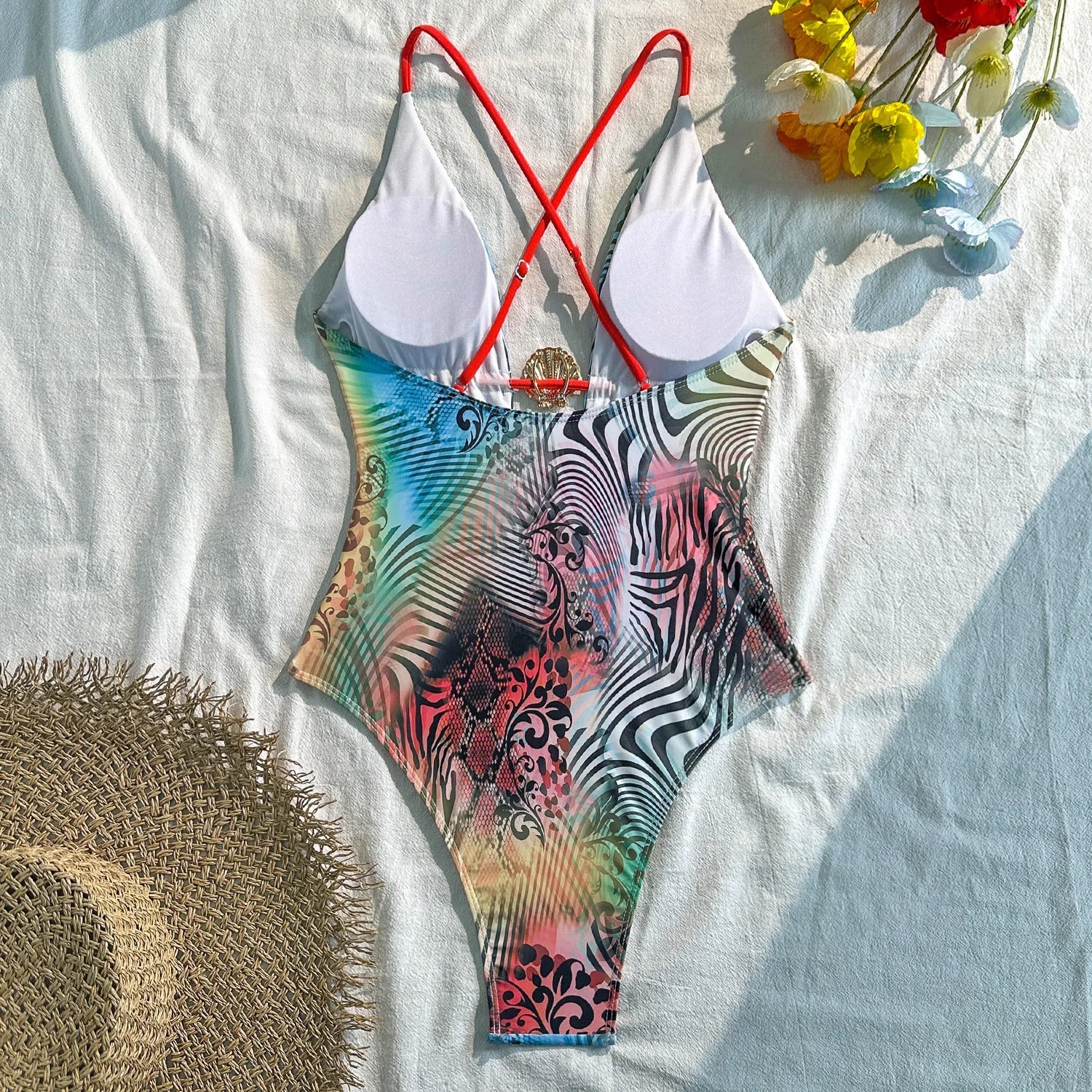 Backless Multicolor Gradient Zebra Print Halter One Piece Swimsuit with Shell Detail