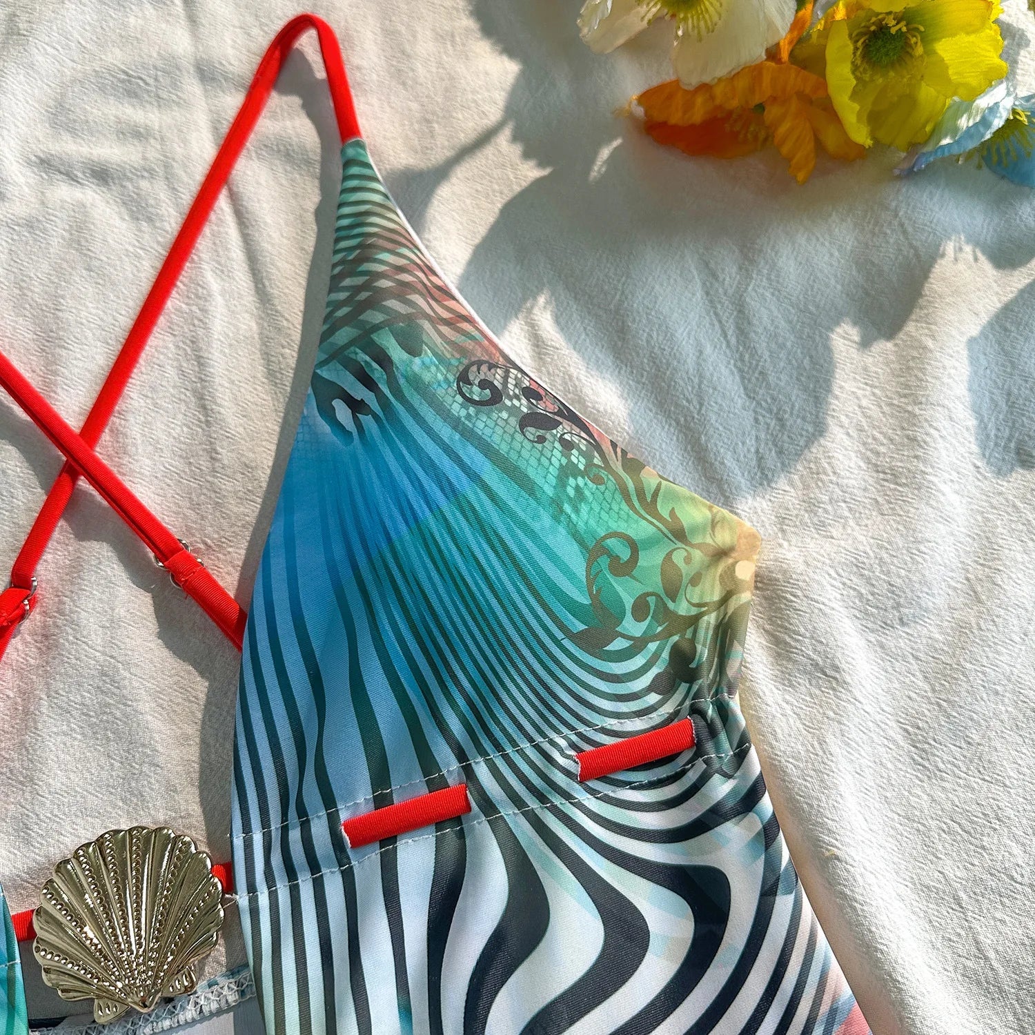 Backless Multicolor Gradient Zebra Print Halter One Piece Swimsuit with Shell Detail