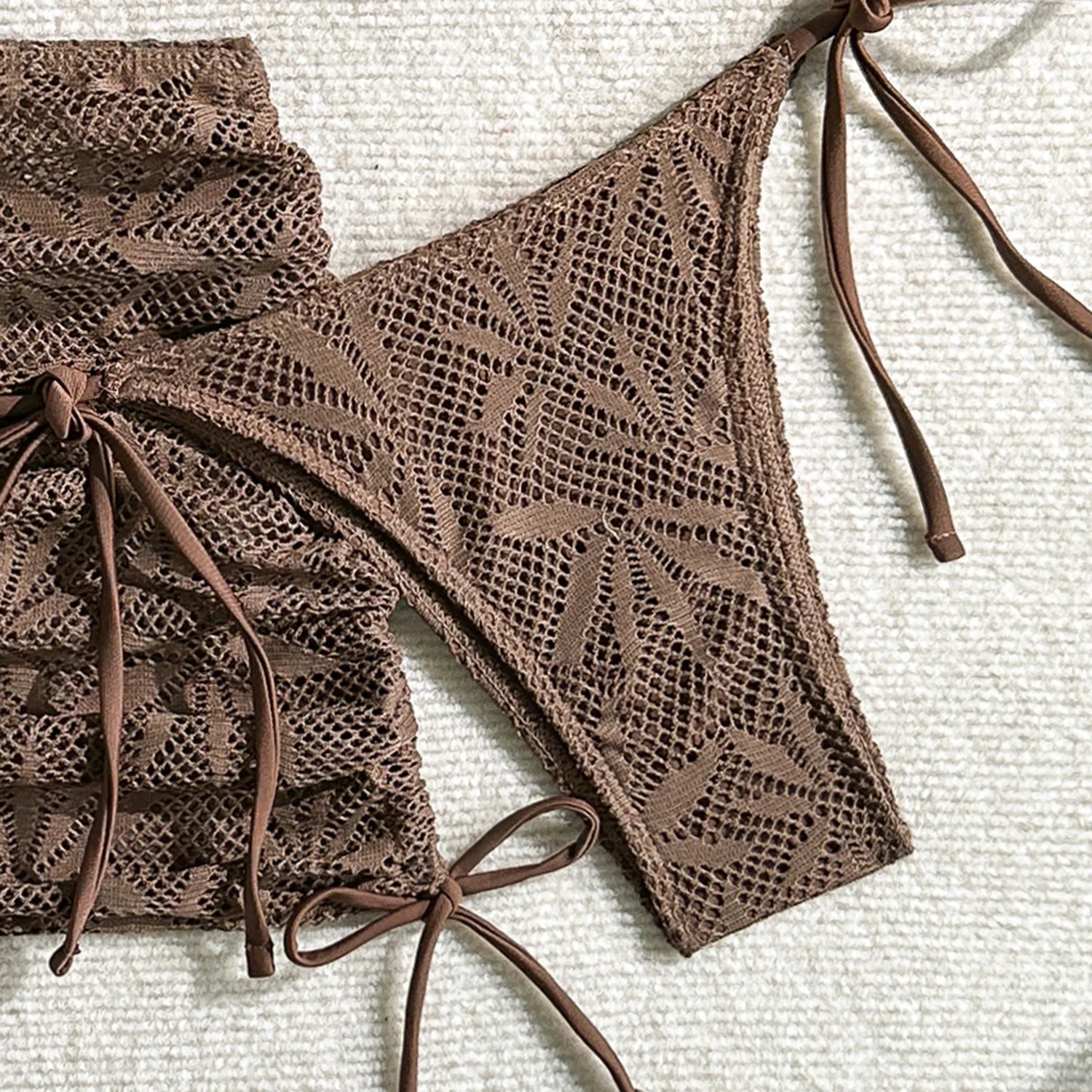 Bikinis Boho Solid Crochet 3 Piece Bathing Suit Halter Triangle Bikini Side Tie Brief Drawstring Lace Mesh Cover Up Skirt