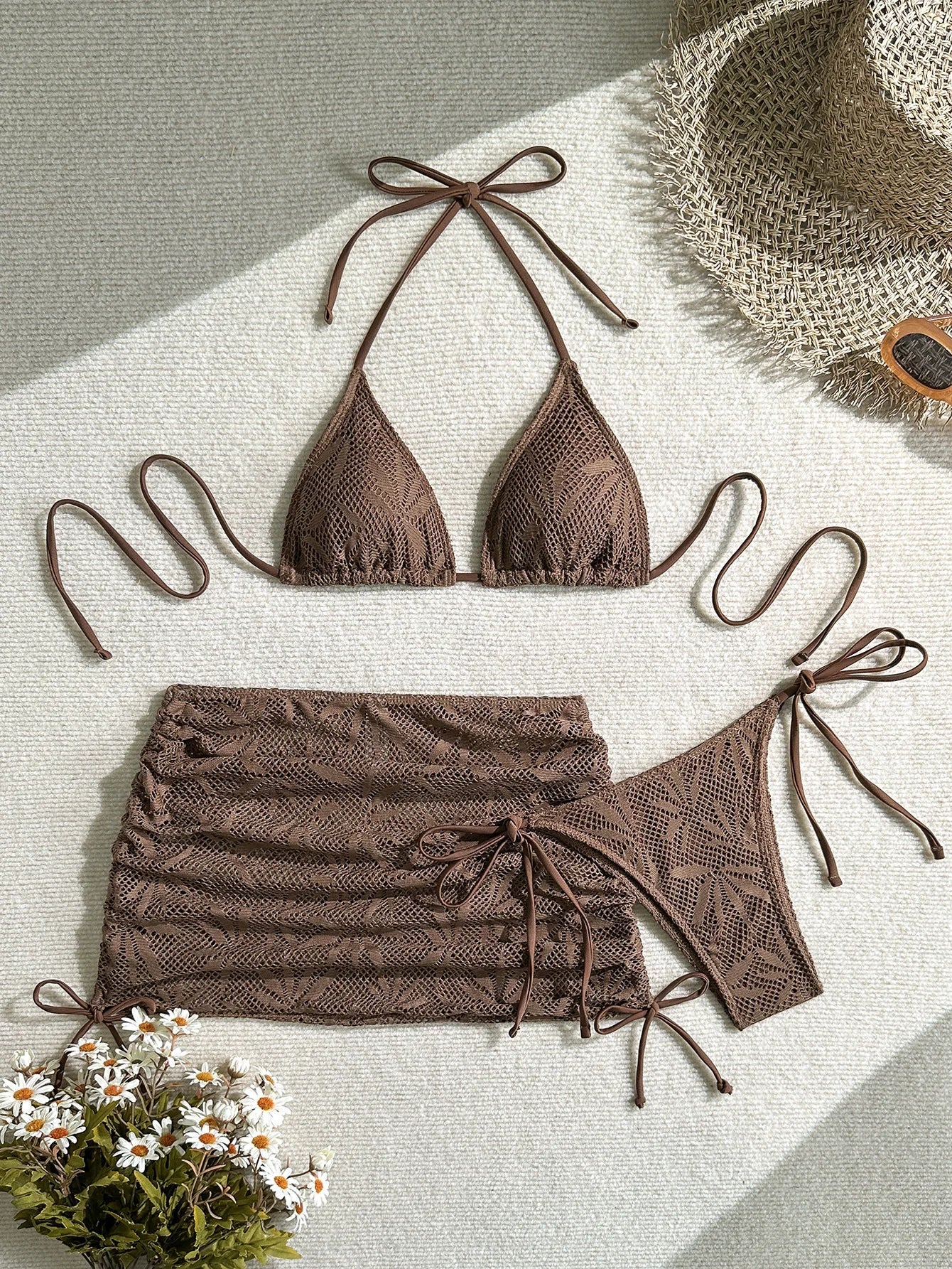 Bikinis Boho Solid Crochet 3 Piece Bathing Suit Halter Triangle Bikini Side Tie Brief Drawstring Lace Mesh Cover Up Skirt