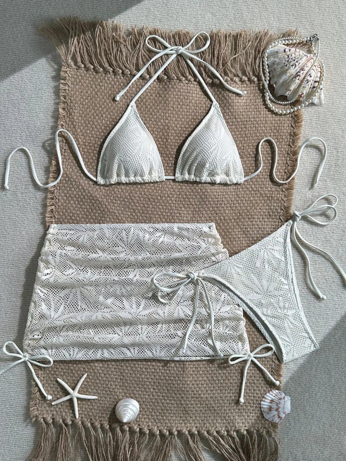 Bikinis Boho Solid Crochet 3 Piece Bathing Suit Halter Triangle Bikini Side Tie Brief Drawstring Lace Mesh Cover Up Skirt