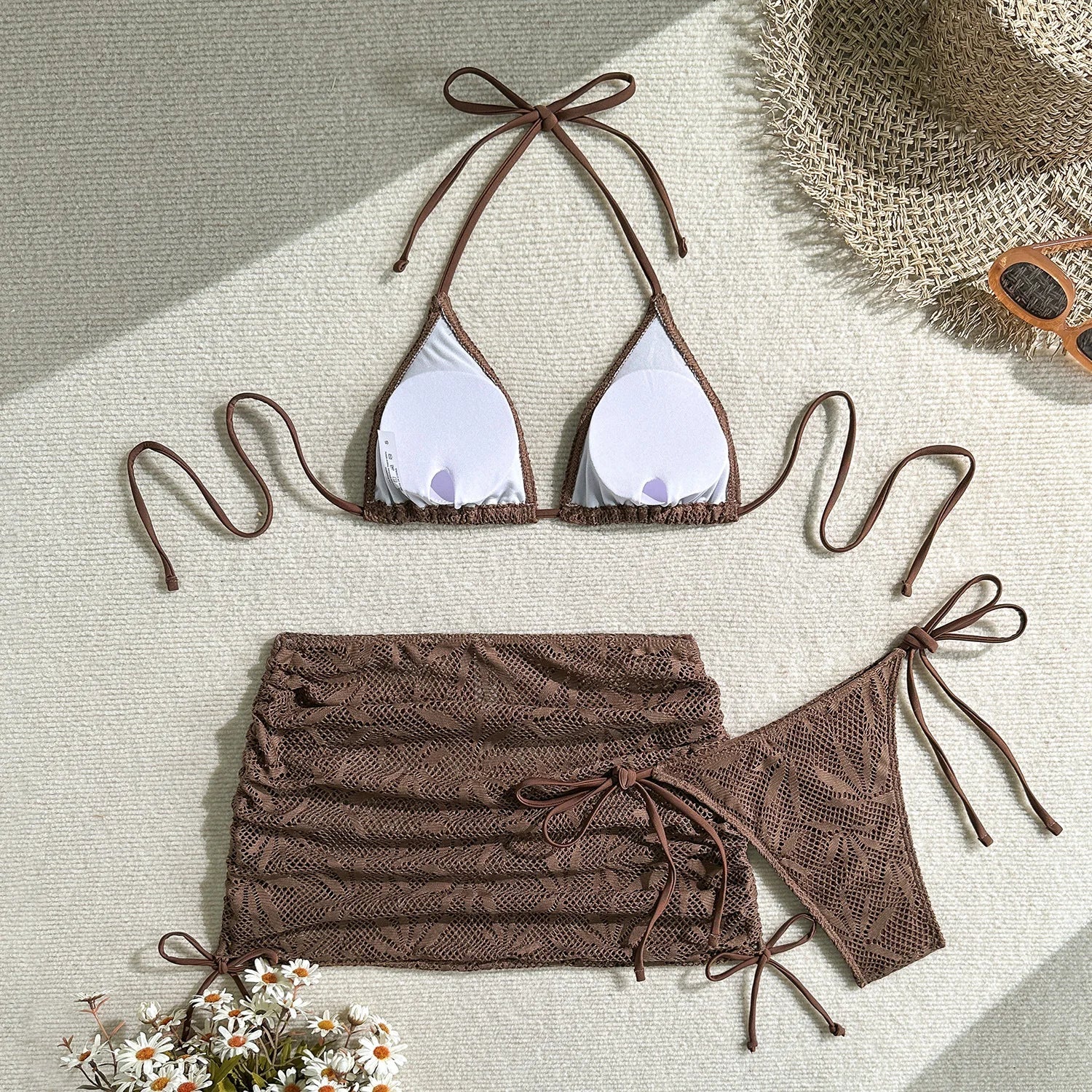 Bikinis Boho Solid Crochet 3 Piece Bathing Suit Halter Triangle Bikini Side Tie Brief Drawstring Lace Mesh Cover Up Skirt