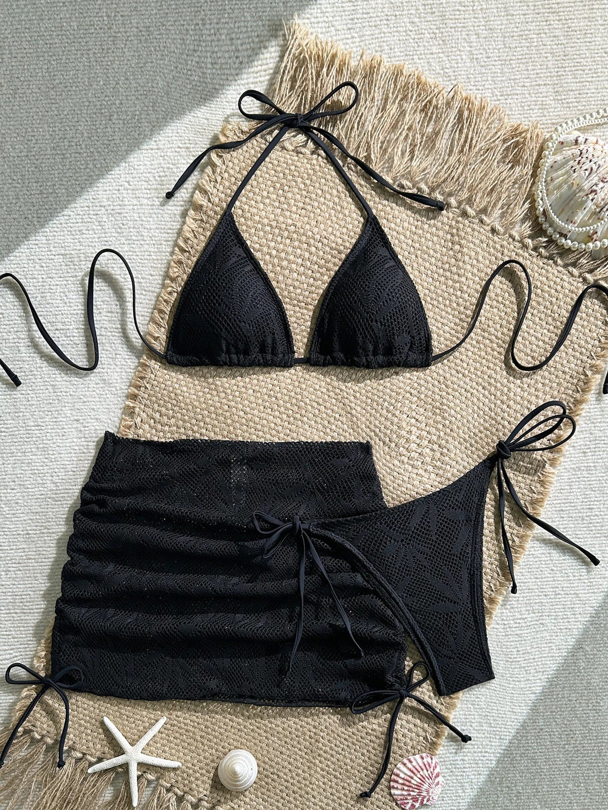 Bikinis Boho Solid Crochet 3 Piece Bathing Suit Halter Triangle Bikini Side Tie Brief Drawstring Lace Mesh Cover Up Skirt