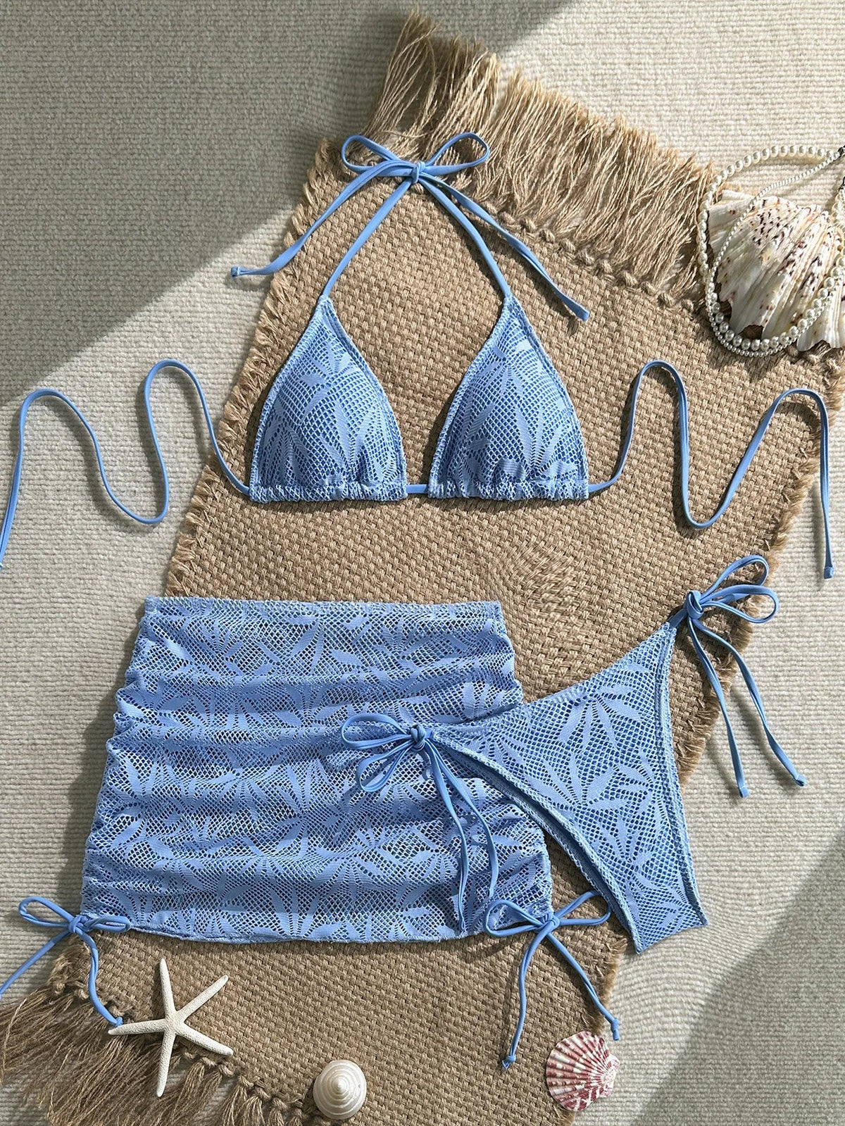 Bikinis Boho Solid Crochet 3 Piece Bathing Suit Halter Triangle Bikini Side Tie Brief Drawstring Lace Mesh Cover Up Skirt