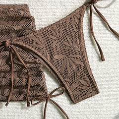 Bikinis Boho Solid Crochet 3 Piece Bathing Suit Halter Triangle Bikini Side Tie Brief Drawstring Lace Mesh Cover Up Skirt