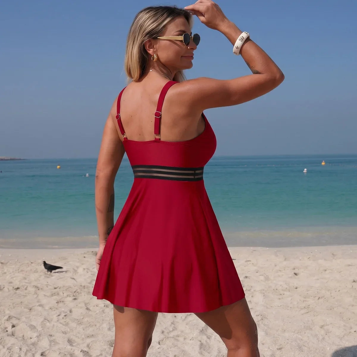 Black Mesh Panel V Neck Skirted 2 Piece Swimsuit Sheer Stripe Trim Sleeveless A Line Tank Dress Tummy Control Swimwear