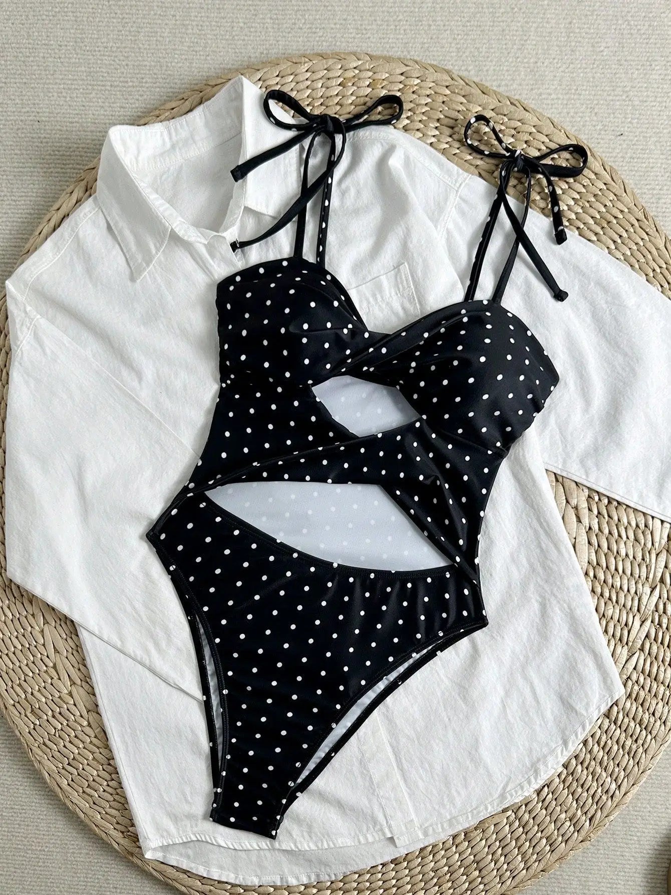 Black White Polka Dot One Piece Swimsuit Twist Front Cutout Bow Tie Shoulder High Leg One-Piece Suits Beach Swimwear