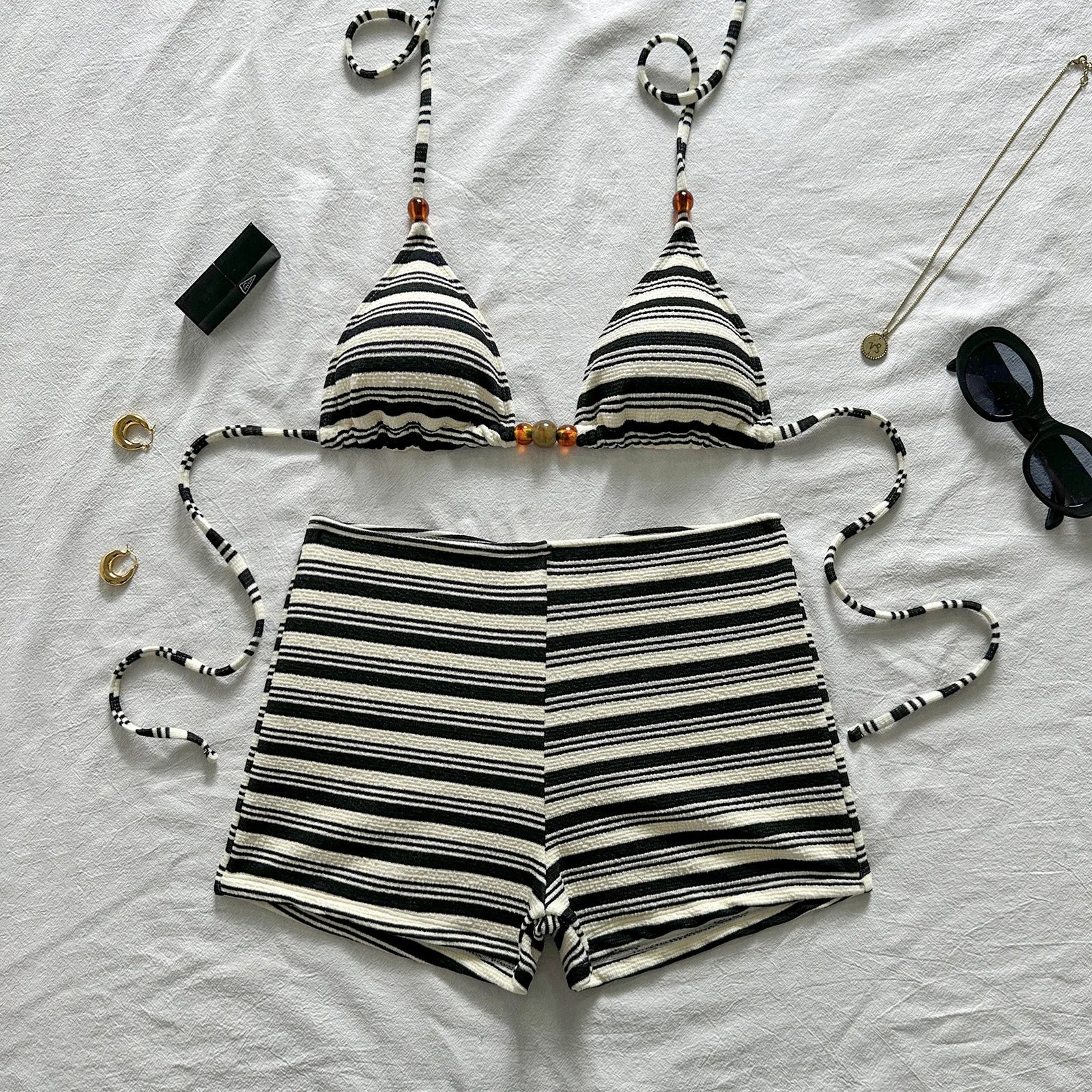 Black White Striped 2 Piece Bikini Set
