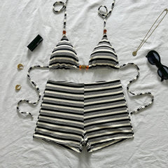 Black White Striped 2 Piece Bikini Set