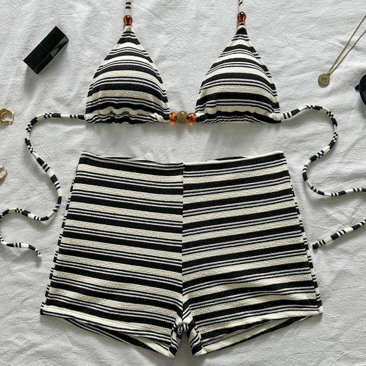 Black White Striped 2 Piece Bikini Set