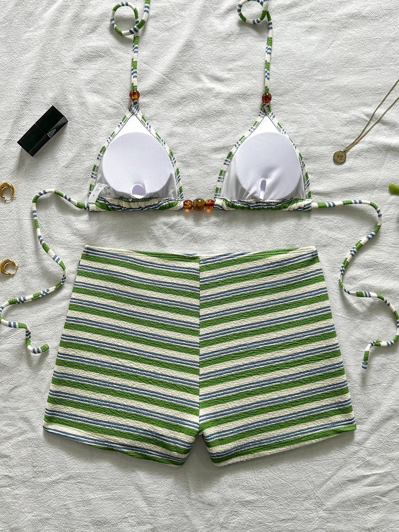Black White Striped 2 Piece Bikini Set