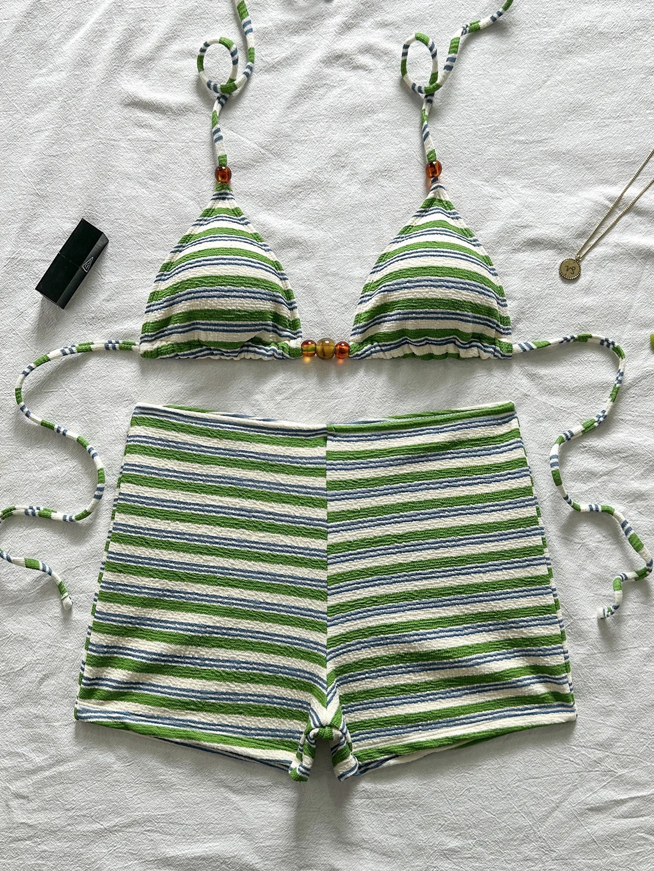 Black White Striped 2 Piece Bikini Set
