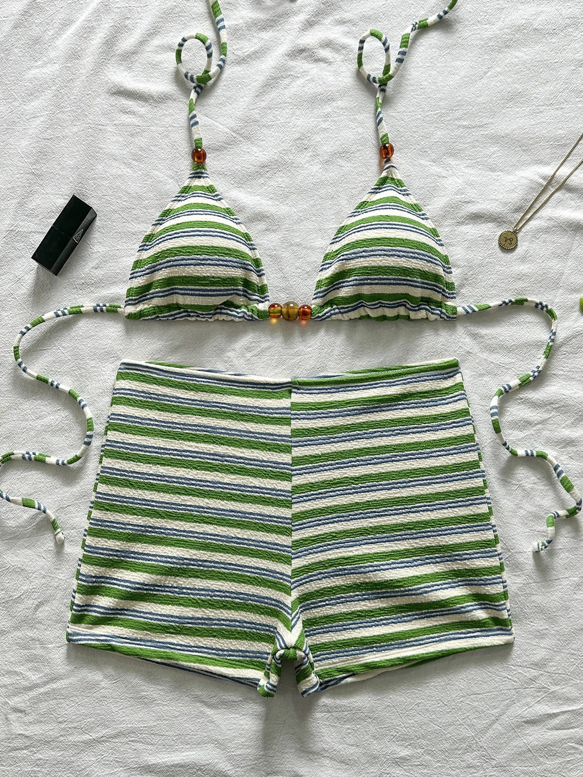 Black White Striped 2 Piece Bikini Set