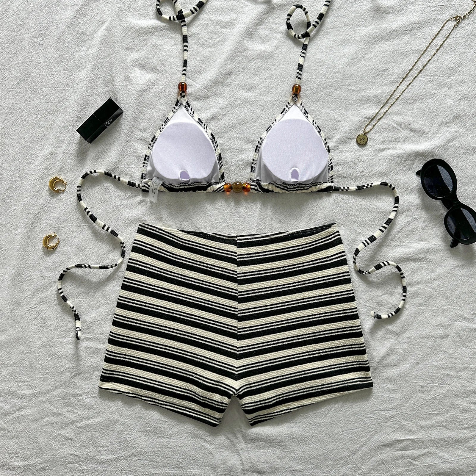Black White Striped 2 Piece Bikini Set