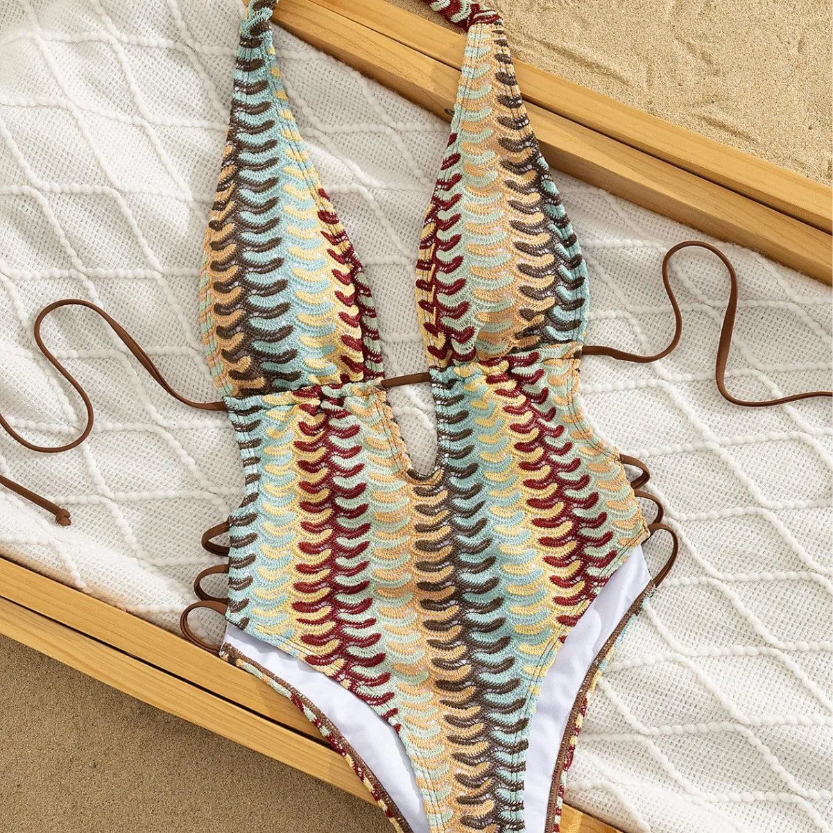 Boho Multicolor Wave Knit One Piece Bathing Suit Halter Plunging V Hollow Out Swimsuit Side Tie Straps Vacation Swimwear