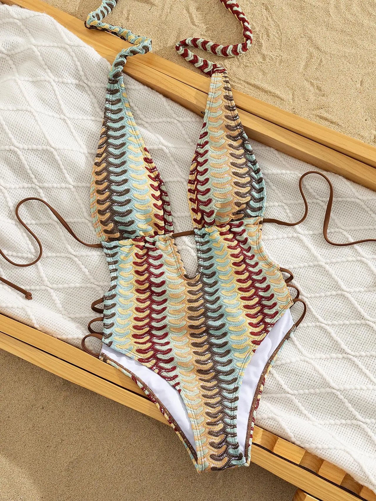Boho Multicolor Wave Knit One Piece Bathing Suit Halter Plunging V Hollow Out Swimsuit Side Tie Straps Vacation Swimwear